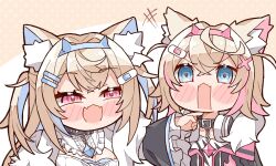 Rule 34 | animal ear fluff, bandaid, bandaid hair ornament, black coat, black collar, black jacket, blonde hair, blue eyes, blue hair, blue hairband, blush stickers, breasts, chibi, cleavage, coat, collar, dog girl, dress, fangs, fur trim, fuwawa abyssgard, fuwawa abyssgard (1st costume), hair ornament, hairband, hand on another&#039;s chin, headphones, headphones around neck, highres, hololive, hololive english, jacket, kukie-nyan, large breasts, long hair, looking at another, mococo abyssgard, mococo abyssgard (1st costume), multicolored hair, open mouth, pink eyes, pink hair, pink hairband, shirt, short hair, skin fangs, smug, streaked hair, two-tone hair, two side up, virtual youtuber, white dress, white shirt, x hair ornament