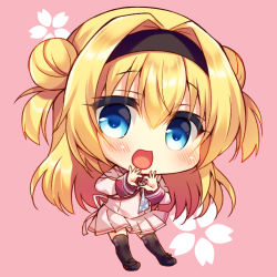 Rule 34 | 1girl, :d, big head, black footwear, black hairband, black thighhighs, blonde hair, blue eyes, blush, chibi, chitose sana, commentary request, double bun, full body, hair between eyes, hair bun, hair intakes, hairband, heart, heart hands, long sleeves, open mouth, pink background, pleated skirt, school uniform, shirt, shoes, skirt, smile, solo, suzunone rena, tenshinranman, thighhighs, two side up, white neckwear, white shirt, white skirt