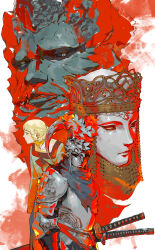 Rule 34 | 2boys, 2girls, absurdres, arm at side, armor, blonde hair, braided hair rings, breastplate, chinese commentary, choa (narko11897), closed mouth, commentary, couter, covered eyes, covered face, cropped head, crown, dress, elden ring, facing viewer, fake horns, full armor, green dress, grey eyes, grey scarf, helm, helmet, highres, horned helmet, horns, juno hoslow, katana, lady tanith (elden ring), looking afar, looking at viewer, mask, multiple boys, multiple girls, one eye closed, pauldrons, praetor rykard, profile, rya (elden ring), scarf, sheath, sheathed, short hair, shoulder armor, sleeves past fingers, sleeves past wrists, slouching, sword, weapon, white mask, yellow eyes