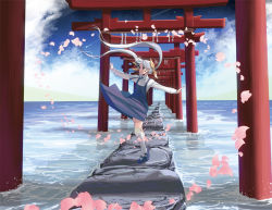 Rule 34 | 1girl, blue dress, blue eyes, blue sky, cloud, dress, floating hair, hair ribbon, kneehighs, kouno (masao), long hair, long sleeves, mary janes, multiple torii, ocean, original, outstretched arms, over-kneehighs, path, petals, ribbon, road, shide, shirt, shoes, silver hair, sky, socks, solo, thighhighs, torii, twintails, very long hair, water, white socks, white thighhighs, wind, wind lift