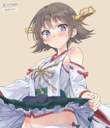 Rule 34 | 10s, 1girl, bare shoulders, blue eyes, blush, brown hair, clothes lift, dated, detached sleeves, headgear, hiei (kancolle), kantai collection, panties, plaid, plaid skirt, ribbon-trimmed sleeves, ribbon trim, short hair, simple background, skirt, skirt lift, solo, twitter username, underwear, white panties, yahako