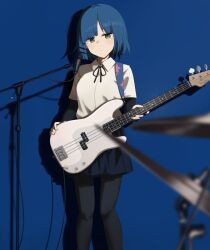 Rule 34 | 1girl, bass guitar, black pantyhose, black ribbon, blue background, blue hair, blue skirt, bocchi the rock!, closed mouth, feet out of frame, fender precision bass, highres, hinami047, holding, holding instrument, instrument, looking at viewer, mole, mole under eye, neck ribbon, pantyhose, ribbon, school uniform, shadow, shirt, short hair, short sleeves, skirt, solo, standing, white shirt, yamada ryo, yellow eyes