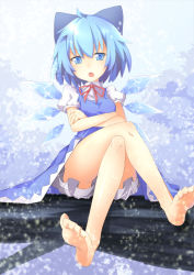 Rule 34 | 1girl, annoyed, bad id, bad pixiv id, bare legs, barefoot, bloomers, blue eyes, blue hair, bow, breasts, chonbo (artist), cirno, crossed arms, feet, hair bow, in tree, crossed legs, matching hair/eyes, open mouth, ribbon, sitting, sitting in tree, small breasts, snowing, soles, solo, embodiment of scarlet devil, touhou, tree, underwear, wings