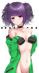 Rule 34 | ..., 1girl, absurdres, bare shoulders, black choker, blush, breasts, breasts out, choker, closed mouth, collarbone, covering privates, covering breasts, diagonal bangs, green jacket, groin, highres, idolmaster, idolmaster shiny colors, jacket, karikura (atatata71), long sleeves, looking at viewer, navel, no bra, no panties, off shoulder, out-of-frame censoring, purple eyes, purple hair, short hair, short twintails, sleeves past fingers, sleeves past wrists, small breasts, solo, stomach, studded choker, sweatdrop, tanaka mamimi, twintails, upper body, v-shaped eyebrows, white background