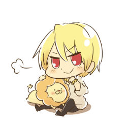 Rule 34 | 1boy, bad id, bad pixiv id, blonde hair, bracelet, chibi, fate/stay night, fate/zero, fate (series), gilgamesh (fate), jewelry, kitasumaki, lion, male focus, mister donut, necklace, official alternate costume, pon de lion, red eyes, white background