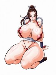Rule 34 | 1girl, breasts, brown eyes, brown hair, covered erect nipples, curvy, fatal fury, female pubic hair, highres, huge breasts, long hair, looking at viewer, nipples, parted lips, pubic hair, shiranui mai, simple background, sitting, smile, solo, thick thighs, thighs, white background, wide hips, wrato
