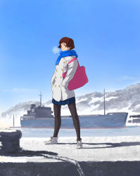 Rule 34 | 00s, 1girl, absurdres, bag, blue scarf, boat, breath, brown eyes, brown hair, coat, day, full body, gake no ue no ponyo, hands in pockets, highres, light smile, looking at viewer, ocean, outdoors, pantyhose, pleated skirt, lisa (ponyo), rope, scarf, ship, shoes, short hair, shoulder bag, skirt, sky, solo, standing, tombiiwa, watercraft, white footwear, winter