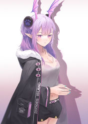Rule 34 | 1girl, absurdres, arknights, black cape, black shorts, blue nails, breasts, cape, cleavage, collarbone, commentary, cowboy shot, crop top, drop shadow, head wings, highres, hood, hood down, hooded cape, long hair, long sleeves, looking at viewer, manticore (arknights), medium breasts, midriff, nail polish, navel, own hands together, pointy ears, purple eyes, purple hair, shirt, short shorts, shorts, solo, standing, stomach, white shirt, wings, yinghuahua