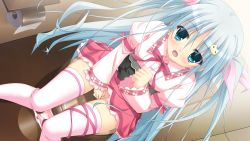 Rule 34 | 1girl, aqua eyes, blush, bow, bow panties, cat hair ornament, covering privates, covering crotch, dress, dutch angle, embarrassed, frilled dress, frills, game cg, hair ornament, hair ribbon, hoshizaki mei, inagaki miiko, indoors, knees together feet apart, looking at viewer, open mouth, panties, panty pull, pink bow, pink dress, pink panties, pink ribbon, pink thighhighs, ribbon, silver hair, sitting, solo, thighhighs, toilet, toilet paper, toilet use, underwear, wiping, yumekoi