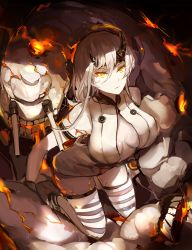 Rule 34 | 10s, 1girl, abyssal ship, annnna, breasts, cleavage, colored skin, heavy cruiser princess, horns, kantai collection, kneeling, large breasts, long hair, looking at viewer, solo, striped clothes, striped thighhighs, teeth, thighhighs, turret, white hair, white skin, yellow eyes