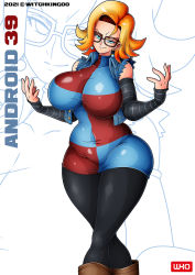 Rule 34 | 1girl, android 18, android 21, artist name, black pantyhose, blue eyes, boots, breasts, denim, denim vest, detached sleeves, dragon ball, dragon ball fighterz, dress, earrings, fusion, glasses, highres, huge breasts, jewelry, orange hair, pantyhose, potara earrings, thick thighs, thighs, two-tone dress, vest, wide hips, witchking00