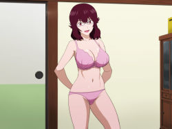 Rule 34 | 10s, 1girl, 4st injection, arms behind back, bare arms, bare legs, bare shoulders, bra, breasts, brown hair, cleavage, glasses, groin, indoors, large breasts, looking at viewer, majin bone, midriff, navel, open mouth, panties, pink bra, pink panties, red eyes, ryuujin chie, short hair, smile, solo, standing, underwear