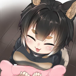 Rule 34 | 1girl, :3, :d, ^ ^, animal ear fluff, animal ears, black hair, character request, closed eyes, dog ears, dog girl, closed eyes, facing viewer, fang, fictional persona, from above, kemono friends, nyifu, open mouth, original, short hair, smile, solo, stuffed toy, thick eyebrows, twitter username