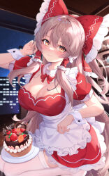 Rule 34 | 1girl, absurdres, alternate costume, apron, blush, bow, breasts, brown hair, cake, cleavage, dress, food, frilled bow, frills, hair bow, hakurei reimu, high collar, highres, indoors, kuroida, large breasts, long hair, looking at viewer, maid, red bow, red dress, short sleeves, sidelocks, squatting, thighhighs, tiptoes, touhou, very long hair, waist apron, waitress, white dress, white thighhighs, yellow eyes