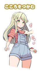 Rule 34 | 1girl, bang dream!, blonde hair, grabbing, grabbing another&#039;s breast, long hair, overall shorts, overalls, red ribbon, red shirt, ribbon, shipii (jigglypuff), shirt, short sleeves, simple background, solo focus, striped clothes, striped shirt, translation request, tsurumaki kokoro, white background, wrist ribbon, yellow eyes