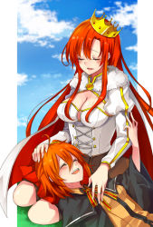 Rule 34 | 2girls, ahoge, blush, boudica (fate), boudica (third ascension) (fate), breasts, cape, capelet, cleavage, closed eyes, corset, crown, fate/grand order, fate (series), fujimaru ritsuka (female), fujimaru ritsuka (female) (mage&#039;s association uniform), fur trim, highres, horonosuke, lap pillow, large breasts, long hair, lying, multiple girls, official alternate costume, on back, open mouth, orange hair, red hair, scrunchie, shrug (clothing), side ponytail, sitting, smile