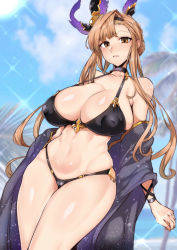 Rule 34 | 1girl, absurdres, bare shoulders, beach, bikini, black bikini, blue sky, blurry, blurry background, breasts, brown eyes, brown hair, cleavage, cloud, commentary request, covered erect nipples, cowboy shot, curvy, day, dutch angle, fern, gggg, granblue fantasy, hair ornament, halterneck, head wings, highres, large breasts, long hair, navel, ocean, sidelocks, sky, swimsuit, thick thighs, thighs, tweyen (granblue fantasy), water, wings