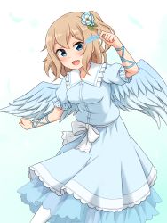 Rule 34 | 1girl, :d, absurdres, blue background, blue dress, blue eyes, breasts, commentary request, dress, feathered wings, feathers, flower, frilled shirt collar, frills, gradient background, hair flower, hair ornament, hand up, highres, holding, holding feather, light brown hair, long hair, medium breasts, one side up, open mouth, original, puffy short sleeves, puffy sleeves, ribbon, shiraha maru, short sleeves, simple background, smile, solo, wings, wrist ribbon
