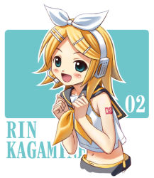 Rule 34 | 1girl, :d, aqua eyes, arm tattoo, bare shoulders, belt, blonde hair, character name, clenched hands, collarbone, hair ornament, hair ribbon, hairclip, headphones, headset, kagamine rin, looking afar, navel, neckerchief, nekopuchi, number tattoo, open mouth, ribbon, sailor collar, school uniform, serafuku, short hair, smile, solo, stomach, swept bangs, tattoo, twintails, two-tone background, upper body, vocaloid, white ribbon, yellow neckerchief