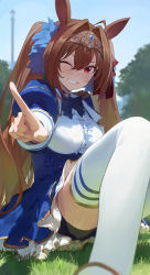 Rule 34 | 1girl, absurdres, aiguillette, animal ears, blue bow, blue dress, blush, bow, bowtie, breasts, brown hair, center frills, daiwa scarlet (umamusume), dress, epaulettes, foreshortening, frills, grin, hair bow, hair intakes, hair ornament, highres, horse ears, horse girl, horse tail, juliet sleeves, large breasts, layered skirt, long hair, long sleeves, looking at viewer, modare, one eye closed, outdoors, parted lips, pointing, pointing at viewer, puffy sleeves, red bow, red eyes, sitting, skirt, smile, solo, tail, teeth, thighhighs, thighs, tiara, twintails, umamusume, underbust, very long hair, white skirt, white thighhighs