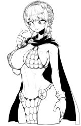 Rule 34 | 1girl, armor, bikini armor, breasts, cape, curvy, dressrosa, gloves, greyscale, large breasts, long hair, monochrome, navel, one piece, open mouth, ponytail, princess, rebecca (one piece), simple background, solo, spacezin, standing, sweatdrop, white background