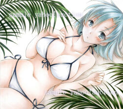 Rule 34 | 1girl, :o, bikini, bishoujo senshi sailor moon, blue eyes, blue hair, blush, breasts, cleavage, collarbone, front-tie top, hand on own chest, large breasts, leaf, looking at viewer, lying, mittomitan, mizuno ami, navel, open mouth, palm leaf, sample watermark, short hair, side-tie bikini bottom, solo, swimsuit, traditional media, watermark