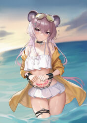 Rule 34 | 1girl, absurdres, animal ears, arknights, bikini, black choker, blush, bound, bound wrists, bow, bow bikini, breasts, cartoon bone, character name, choker, cleavage, cowboy shot, crossed bangs, cuffs, dutch angle, ear ornament, earrings, evening, eyewear on head, gaai, hair between eyes, hair ornament, hairclip, highres, jacket, jewelry, large breasts, lin (arknights), looking at viewer, mouse ears, mouse girl, off shoulder, open clothes, open jacket, outdoors, pink eyes, pink hair, pubic tattoo, solo, star (symbol), star hair ornament, sunglasses, sunset, swimsuit, tattoo, thigh gap, thighs, wading, water, white bikini, yellow jacket