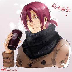 Rule 34 | 10s, 1boy, bad id, bad pixiv id, candytang442494812, coat, coffee, cup, free!, male focus, matsuoka rin, peacoat, red eyes, red hair, scarf, short hair, smile, solo