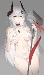 Rule 34 | 1girl, absurdres, arknights, bare arms, bare shoulders, bikini, black choker, blush, breasts, choker, commentary request, cowboy shot, gluteal fold, grey background, grey hair, hammer, hand on own chest, highres, holding, holding hammer, holding weapon, horns, jewelry, large breasts, long hair, looking at viewer, material growth, mudrock (arknights), navel, oripathy lesion (arknights), panties, parted lips, pendant, pointy ears, red eyes, sarea (sarea2020), simple background, solo, standing, stomach, swimsuit, thighs, underwear, very long hair, weapon, white bikini, white panties