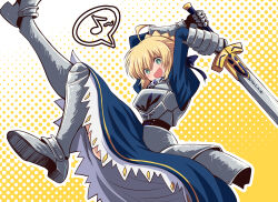 Rule 34 | 1girl, ahoge, armor, armored dress, artoria pendragon (all), artoria pendragon (fate), ben-day dots, blonde hair, blue dress, dress, eighth note, excalibur (fate/stay night), fate/stay night, fate (series), fujitaka nasu, gauntlets, green eyes, highres, long hair, long sleeves, looking at viewer, musical note, saber (fate), screentones, smile, solo, spoken musical note, sword, weapon