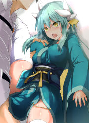 Rule 34 | 1boy, 1girl, against wall, aqua hair, aqua kimono, blush, grabbing another&#039;s breast, breasts, clothed sex, convenient censoring, covered penetration, dragon horns, fate/grand order, fate (series), fujimaru ritsuka (male), grabbing, hair ornament, hetero, highres, horns, japanese clothes, kimono, kiyohime (fate), leg lift, long hair, long sleeves, medium breasts, multiple horns, obi, open mouth, pelvic curtain, sash, sen (astronomy), sex, thighhighs, thighs, tongue, tongue out, vaginal, white thighhighs, wide sleeves, yellow eyes
