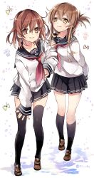 Rule 34 | 10s, 2girls, anchor symbol, black legwear, black skirt, blush, brown eyes, brown footwear, brown hair, bug, butterfly, character name, collarbone, folded ponytail, full body, ikazuchi (kancolle), inazuma (kancolle), insect, kantai collection, leaning forward, long sleeves, looking at viewer, multiple girls, nail polish, neckerchief, pleated skirt, red neckerchief, school uniform, serafuku, shijima (sjmr02), shoes, short hair, skirt, smile, twitter username, yellow nails