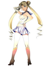 Rule 34 | 1990s (style), 1girl, arm up, ass, bad id, bad pixiv id, bare shoulders, bishoujo senshi sailor moon, blonde hair, blue eyes, blue sailor collar, boots, butt crack, choker, dodai shouji, double bun, earrings, elbow gloves, gloves, hair bun, hair ornament, hand on own hip, highleg, highleg panties, highres, jewelry, knee boots, long hair, looking back, magical girl, panties, retro artstyle, sailor collar, sailor moon, simple background, skirt, solo, thong, tiara, tsukino usagi, twintails, underwear, v, white gloves