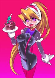 Rule 34 | 1girl, bikini, blonde hair, blush, bodystocking, bodysuit, breasts, ciel (mega man), commentary request, covered navel, gloves, groin, headgear, high ponytail, inti creates, long hair, looking at viewer, micro bikini, open mouth, ponytail, mega man (series), mega man zero (series), skin tight, slingshot swimsuit, smile, solo, spandex, swimsuit, swimsuit over clothes, ukimukai