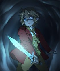 Rule 34 | 1boy, animification, bilbo baggins, blue eyes, cave, glowing, glowing sword, glowing weapon, jacket, male focus, middle earth, pointy ears, red jacket, shinzui (fantasysky7), short hair, solo, sting, sword, the hobbit, the lord of the rings, tolkien&#039;s legendarium, tolkien's legendarium, waistcoat, weapon