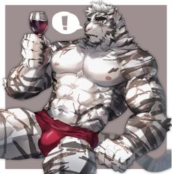Rule 34 | !, 1boy, abs, absurdres, animal ears, arknights, bara, briefs, bulge, cup, drinking glass, furry, furry male, highres, large pectorals, male focus, male underwear, mountain (arknights), muscular, muscular male, navel, neumo, neumokun, nipples, pectorals, red male underwear, scar, scar across eye, scar on arm, scar on chest, scar on face, scar on leg, short hair, sitting, solo, spoken exclamation mark, stomach, thick thighs, thighs, tiger boy, tiger ears, underwear, underwear only, white fur, white hair, wine glass