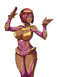 Rule 34 | 1girl, adjusting clothes, breasts, cleavage, cleavage cutout, clothing cutout, cosplay, curvy, dark-skinned female, dark skin, egyptian, female focus, highres, impossible clothes, large breasts, leotard, lips, looking at viewer, menat, niyuyu, purple hair, rainbow mika (cosplay), revealing clothes, shiny skin, smile, solo, standing, street fighter, thong leotard, white background, wide hips