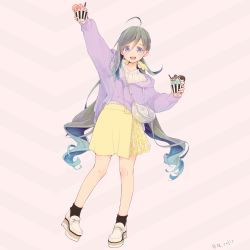 Rule 34 | 1girl, :d, ahoge, alternate costume, arm up, bag, beige skirt, black socks, blue hair, casual, colis, food, full body, grey eyes, grey hair, hair between eyes, handbag, holding, holding food, hood, hooded sweater, ice cream, kantai collection, kiyoshimo (kancolle), long hair, long sleeves, looking at viewer, low twintails, multicolored hair, open mouth, pink background, platform footwear, purple sweater, round teeth, shirt, shoes, simple background, skirt, smile, socks, solo, standing, sweater, teeth, twintails, very long hair, white footwear, white shirt, yellow skirt