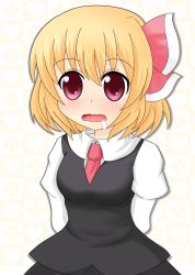 Rule 34 | 1girl, arms behind back, b.leaf, black dress, blonde hair, blush, chibi, dress, drooling, embodiment of scarlet devil, female focus, hair ribbon, highres, red eyes, ribbon, rumia, solo, touhou, wavy mouth