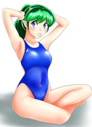 Rule 34 | 1girl, absurdres, arms up, blue eyes, blue one-piece swimsuit, competition swimsuit, covered navel, green hair, highres, horns, indian style, long hair, looking at viewer, lum, nanao futaba, one-piece swimsuit, pointy ears, ponytail, rubber band, simple background, sitting, solo, swimsuit, tying hair, urusei yatsura, white background