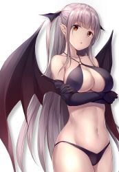 Rule 34 | 1girl, bad id, bad twitter id, bikini, black bikini, black gloves, breast hold, breasts, cleavage, cowboy shot, criss-cross halter, crossed arms, demon girl, demon wings, elbow gloves, gloves, halterneck, highres, large breasts, long hair, navel, o-ring, o-ring bikini, o-ring top, orange eyes, original, parted lips, pasdar, pointy ears, sidelocks, silver hair, simple background, solo, swimsuit, two side up, very long hair, wings