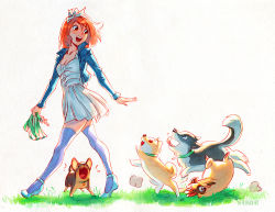 Rule 34 | 1girl, :d, ^^^, animal, artist name, blue eyes, blue thighhighs, collar, dog, pet walking, dress, falling, fangs, freckles, from side, grass, hair ribbon, holding, holding leash, leash, looking at another, looking back, looking up, nana nakano, open mouth, orange eyes, orange hair, original, reaching, reaching towards viewer, ribbon, shoes, short dress, smile, thighhighs, tongue, tongue out, white background, white dress, zettai ryouiki
