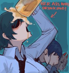Rule 34 | 1boy, 2girls, alcohol, arm up, beer, beer mug, black hair, black necktie, blonde hair, blue background, blush, breasts, chainsaw man, collared shirt, cup, drunk, earrings, eyepatch, facepalm, facing up, failure, hair between eyes, hayakawa aki, highres, himeno (chainsaw man), holding, holding cup, horns, jewelry, large breasts, leaking, liowig, looking at another, medium hair, meme, mug, multiple girls, necktie, open mouth, power (chainsaw man), red horns, shirt, short hair, stud earrings, white shirt