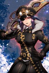 Rule 34 | 1girl, au ra, belt, black belt, black coat, black gloves, black hat, black lips, breasts, closed mouth, coat, cowboy shot, eyepatch, final fantasy, final fantasy xiv, gloves, goggles, goggles on headwear, gunbreaker (final fantasy), hand on own hip, hat, highres, holding, holding sword, holding weapon, horns, large breasts, lipstick, lochris, looking at viewer, makeup, medium hair, monster girl, night, night sky, over shoulder, purple eyes, purple hair, sky, smile, solo, standing, sword, tight clothes, warrior of light (ff14), weapon, weapon over shoulder
