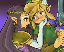 Rule 34 | 1boy, 1girl, armor, blonde hair, blue background, blue eyes, blush, elbow gloves, eyeshadow, gloves, hand on another&#039;s face, holding, holding sword, holding weapon, link, long hair, looking at another, makeup, master sword, nintendo, pauldrons, pointy ears, princess hilda, purple hair, purple lips, red eyes, shoulder armor, sidelocks, sword, the legend of zelda, the legend of zelda: a link between worlds, triforce earrings, tunic, weapon