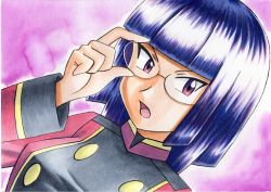 Rule 34 | 1girl, adjusting eyewear, blunt bangs, breasts, commentary request, creatures (company), game freak, glasses, hand up, highres, jacket, long sleeves, looking to the side, matori (pokemon), nintendo, oka mochi, open mouth, pokemon, pokemon (anime), pokemon dppt (anime), purple background, purple eyes, purple hair, short hair, solo, team rocket, tongue, traditional media, upper body