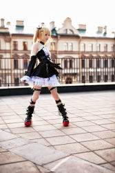 Rule 34 | 1girl, belt, blonde hair, blue eyes, boots, clothes, cosplay, dead or alive, dress, female focus, flat chest, full body, gothic lolita, highres, lace, lolita fashion, long hair, marie rose, marie rose (cosplay), non-asian, photo (medium), rocksylight, rooftop, russian, russian (nationality), shoes, smile, solo, standing, tagme, twintails