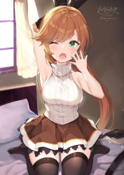 Rule 34 | 1girl, absurdres, arm behind head, arm up, bare arms, bare shoulders, black thighhighs, blush, breasts, brown hair, brown skirt, clarisse (granblue fantasy), commentary request, curtains, day, granblue fantasy, green eyes, hand up, highres, long hair, looking at viewer, medium breasts, ochinsama, on bed, one eye closed, open mouth, pillow, pleated skirt, ponytail, ribbed sweater, signature, sitting, skirt, solo, sunlight, sweater, thighhighs, turtleneck, turtleneck sweater, twitter username, very long hair, wariza, wavy mouth, white sweater, window, yawning