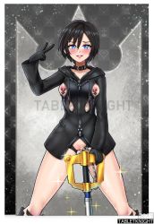 Rule 34 | 1girl, black hair, blue eyes, blush, breasts, breasts out, clothes pull, condom, female focus, highres, jacket, jacket pull, keyblade, kingdom hearts, looking at viewer, medium hair, nipple piercing, open mouth, piercing, pussy, small breasts, tabletknight, used condom, xion (kingdom hearts)