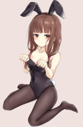 Rule 34 | 1girl, absurdres, animal ears, bare arms, bare shoulders, black leotard, black pantyhose, blunt bangs, blush, breasts, brown eyes, brown hair, cleavage, closed mouth, collarbone, commentary request, covered navel, fake animal ears, fake tail, hands up, highres, hosh, iino miko, kaguya-sama wa kokurasetai ~tensai-tachi no renai zunousen~, leotard, long hair, looking at viewer, low twintails, medium breasts, no shoes, pantyhose, paw pose, playboy bunny, rabbit ears, rabbit tail, simple background, sitting, solo, strapless, strapless leotard, tail, twintails, wariza